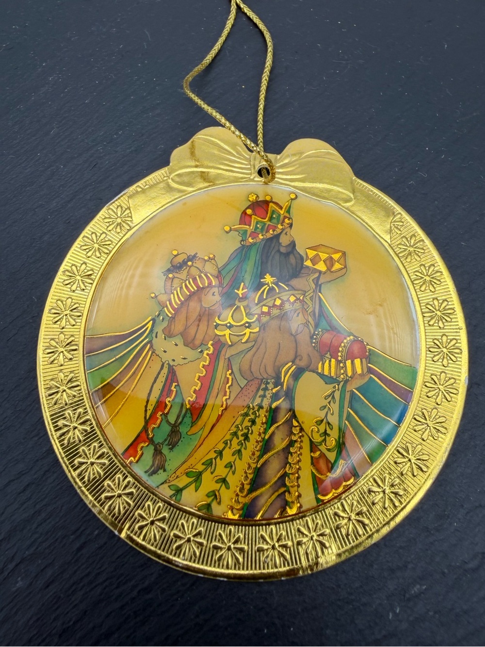 Vintage Three Wise Men Baby Jesus Christmas Ornament Double Sided Gold Tone